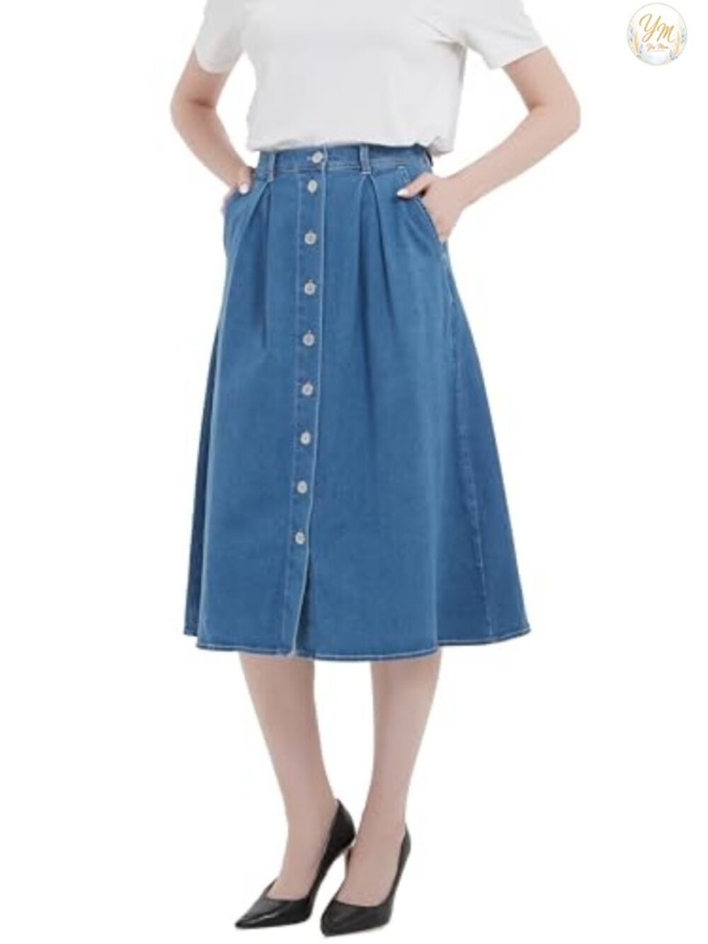 Womens A Line Long Midi Denim Skirt Button Front Elastic Waist Cotton